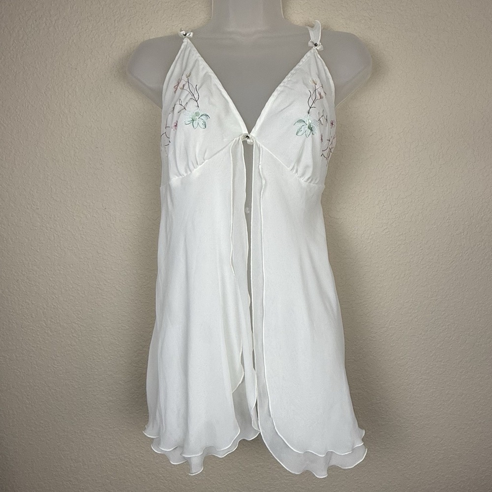Vtg Linea Donatella White Sheer Open Front Babydoll Slip Floral Embroidered Sz L